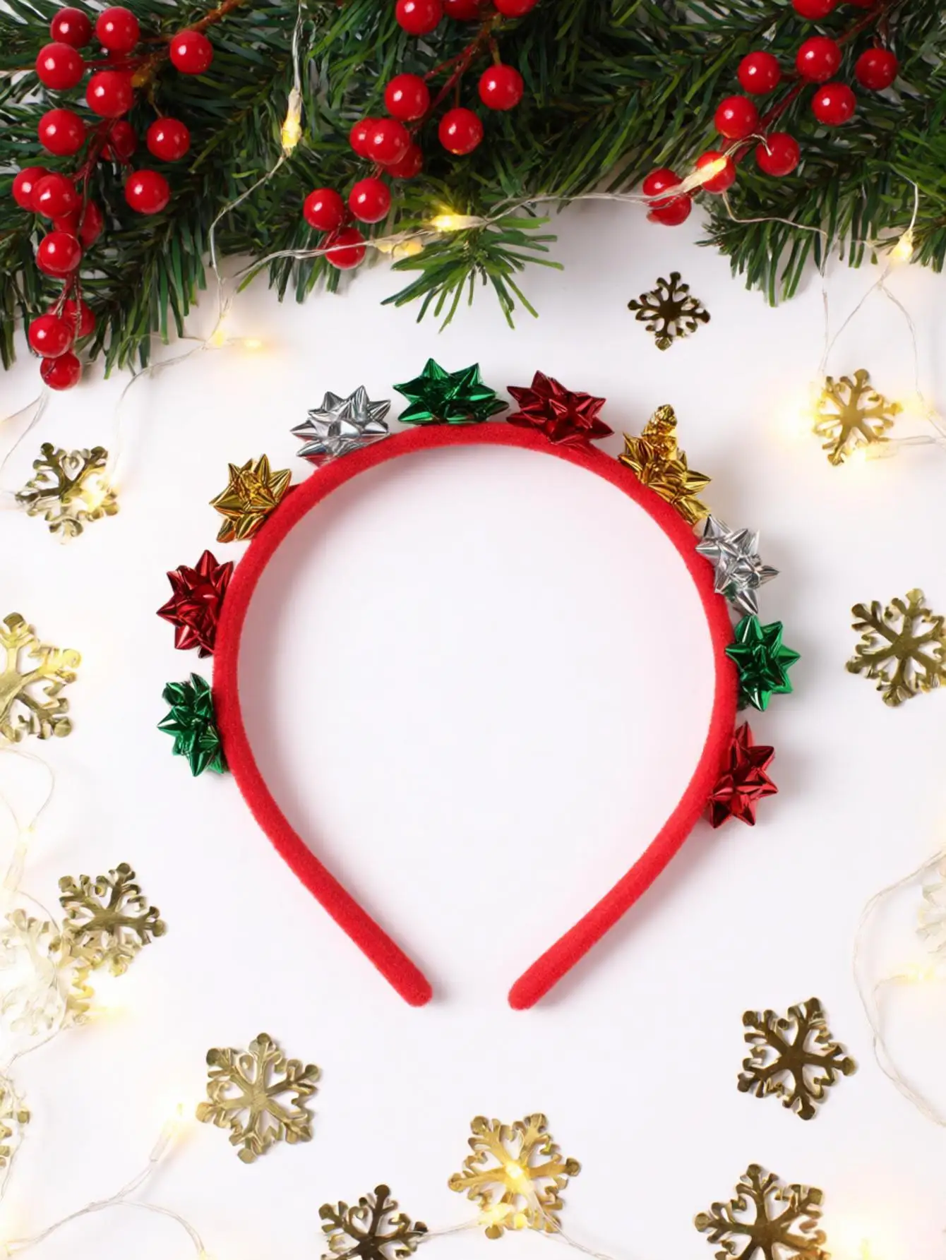 New Style Red and Green Hairband with Simple Thin Edges, Velvet Fabric, Bells, and Beaded Wrapping Hair Accessory