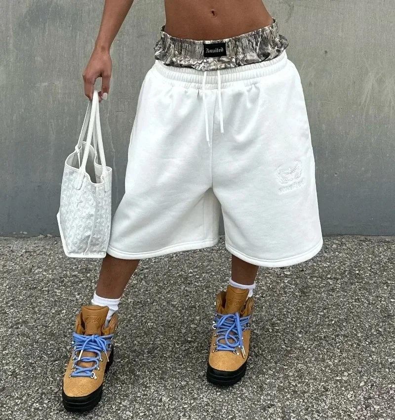 Y2K pantaloncini cotone baggy camouflage doppia vita pantaloni della tuta ricamati pantaloncini Harajuku uomo donna Hip Hop a vita alta Streetwear