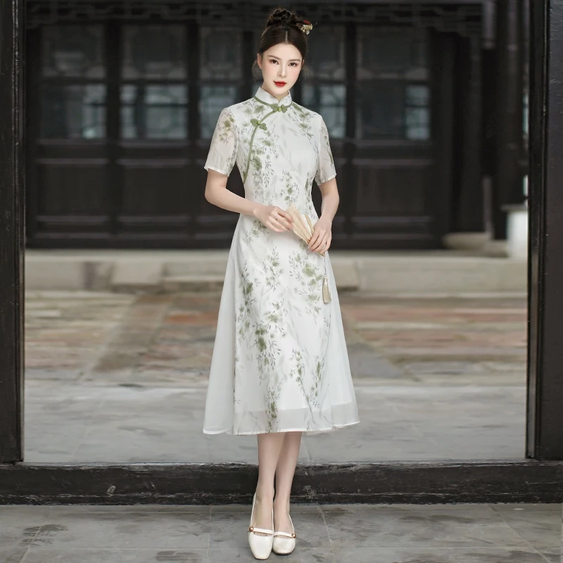 Chinese Style Ao Dai Improved Tea Clothing Qipao Dress Summer New Elegant Slim Printed Long Cheongsam