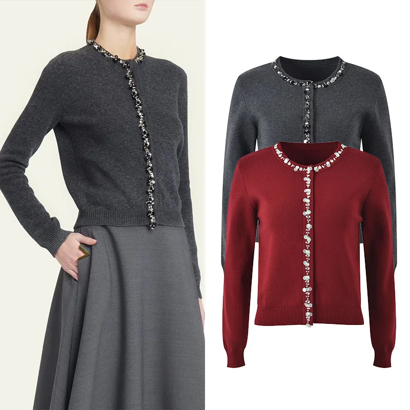 Outono 2024 novo pesado embelezado iny cardigan de malha feminino versátil commute facionable topo quali crtsmanip