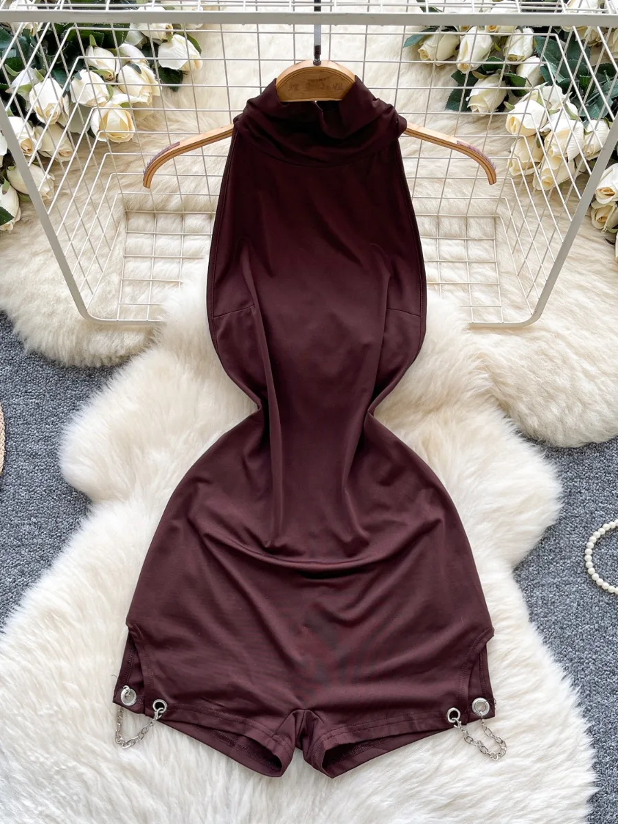 

Foamlina Halter Sleeveless Bodysuit for Women Sexy Cunning Hollow Out High Waist Slim Fit Shorts Jumpsuit Vest Shorts