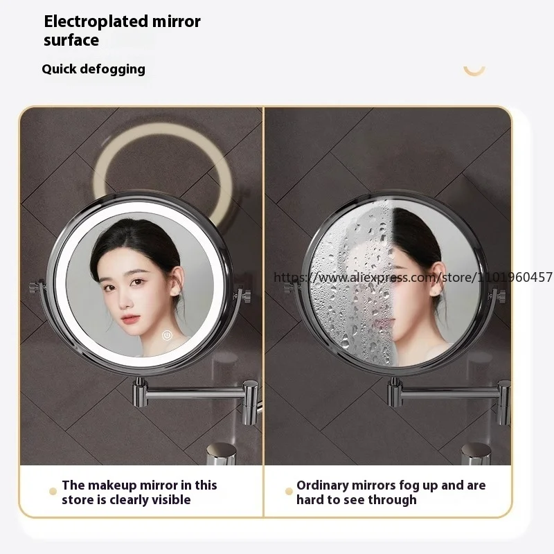 กระจกแต่งหน้าติดผนังแบบพับได้สำหรับห้องน้ำ โรงแรม ไม่ต้องเจาะผนัง กระจกสองด้านพร้อมไฟ LED ขยายภาพ กระจกแต่งหน้าสำหรับร้านเสริมสวย