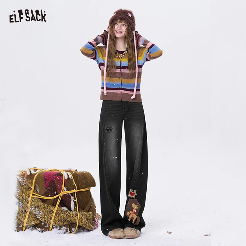 

ELFSACK Y2K Deer Graphic Patchwork Loose Wide Leg High Waist Jeans For Women