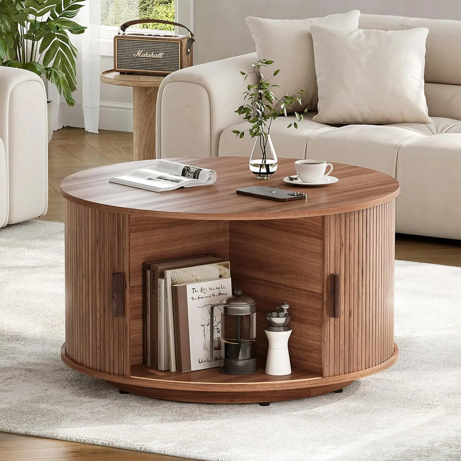 

Round Coffee Table with Storage,31.5" Drum Coffee Table with Sliding Tambour Door,Mid Century Modern Coffee Table with Sliding C
