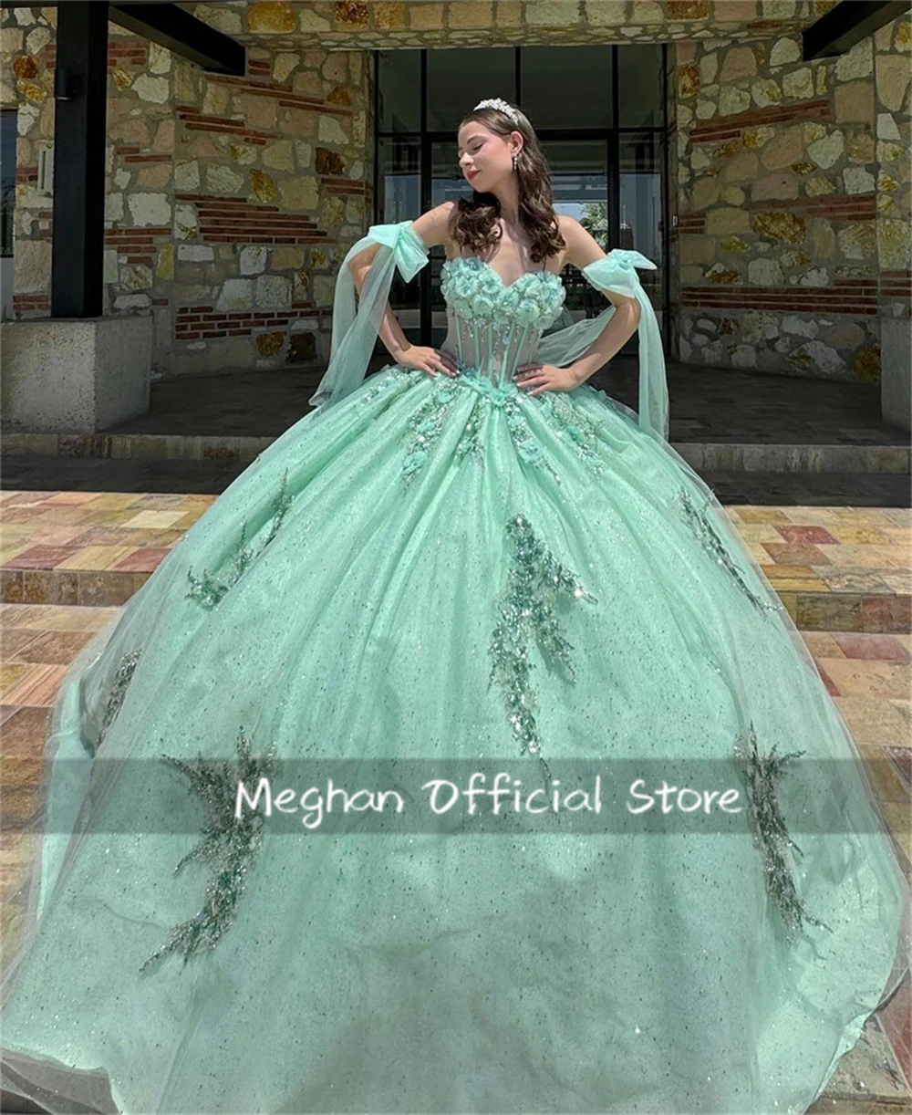 Green Off Shoulder Quinceanera Dresses Ball Gown Bead 3D Flowers 2024 Birthday Luxury Dress Appliques Princess Gown Customized