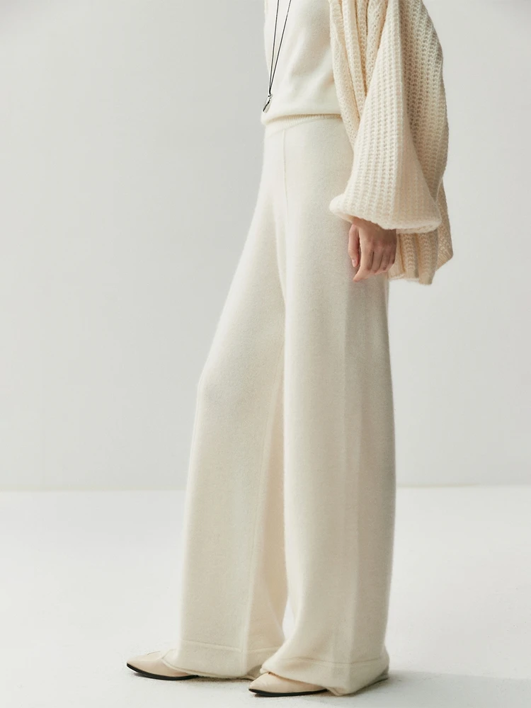 

TLOML Women's Cashmere Pants 100% Cashmere Knit Wide Leg Pants Autumn Winter Thick Warm Soft Office Lady Simple Long Trousers