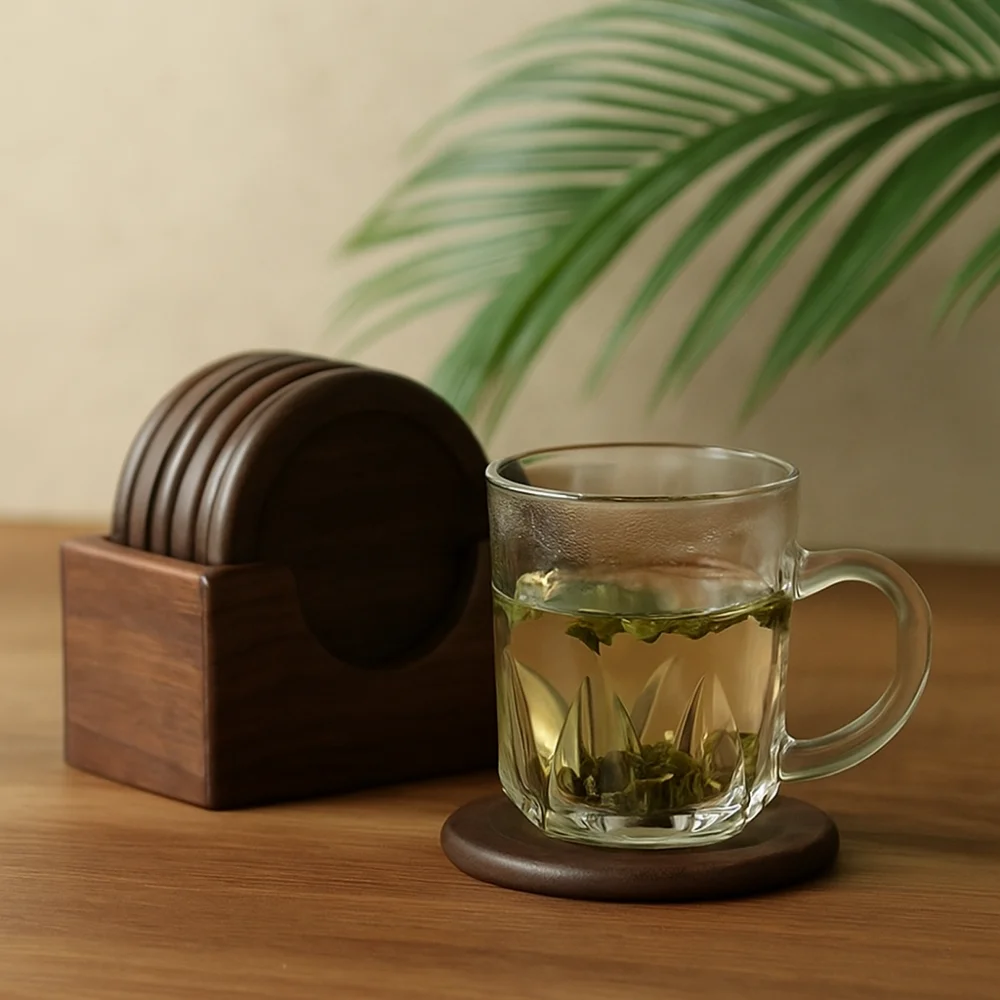 

6pcs/set Durable Japanese Style Wood Coaster Round Non-slip Teacup Mat Anti-scalding with Storage Box Insulated Placemat Tearoom