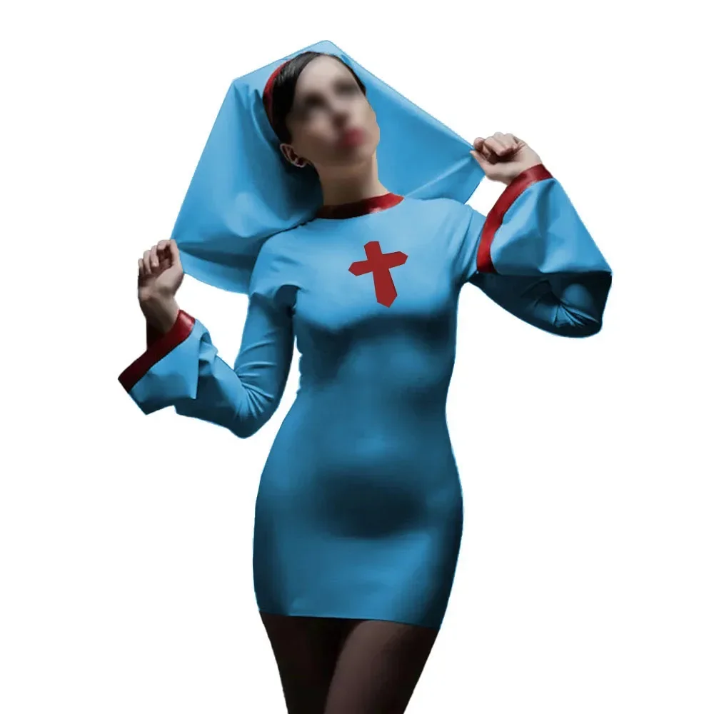 

Women Round Collar Long Sleeve Pencil Dress Bodycon Nun Halloween Uniforms with Headgear Wetlook PVC Leather Nun Cosplay Sets