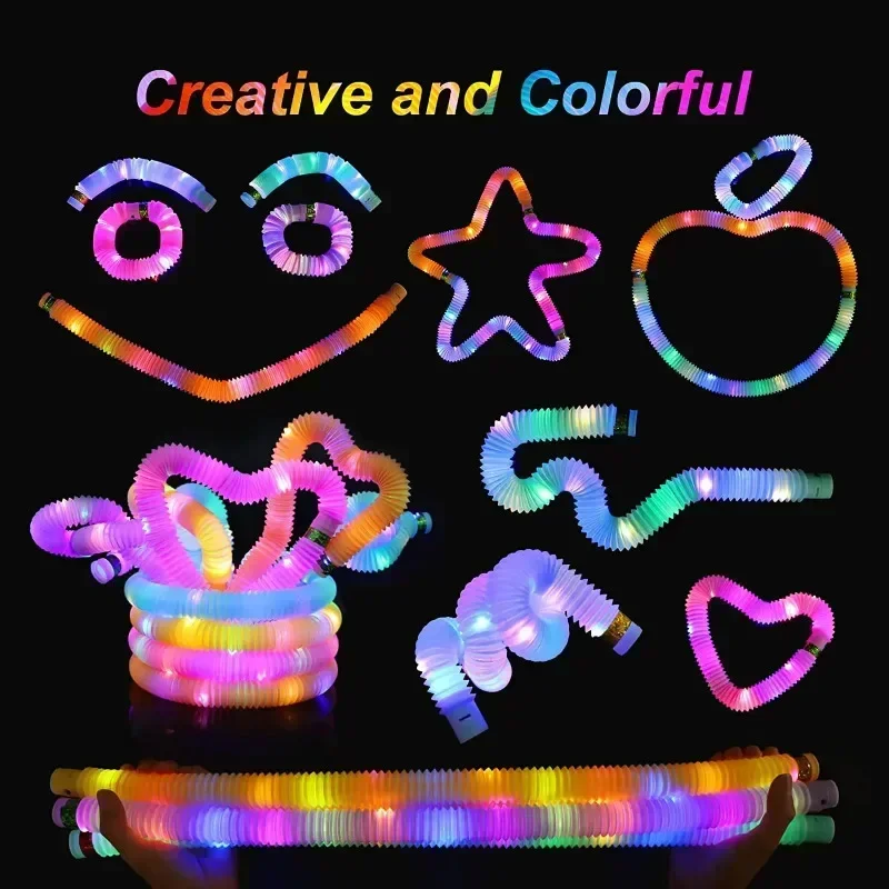 6/12/18/24 pcs Pop Tubes Lighted LED Sensory Stress Relief Toys Pull Stretch Tube Kid\'s Luminous Popping Party Game Fidget Toys