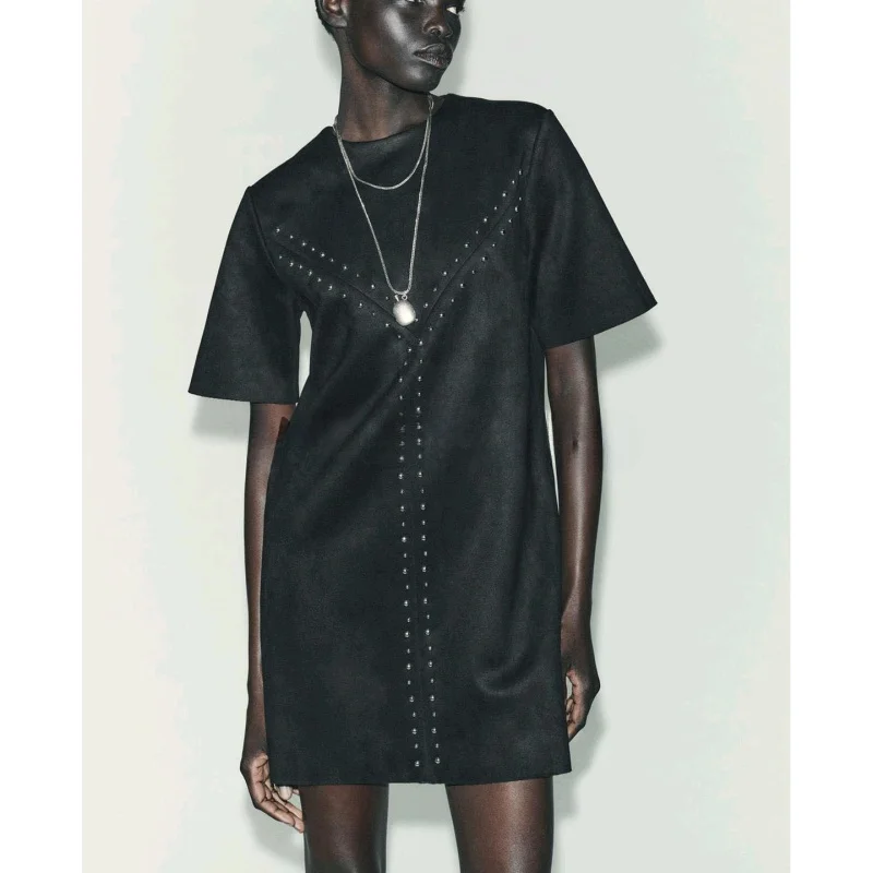 Fall New round Ne ort Sve Straight Cut Hem Faux Leather Effect Rivet Dr Women's Simple Sle A-Line Skirt Casual