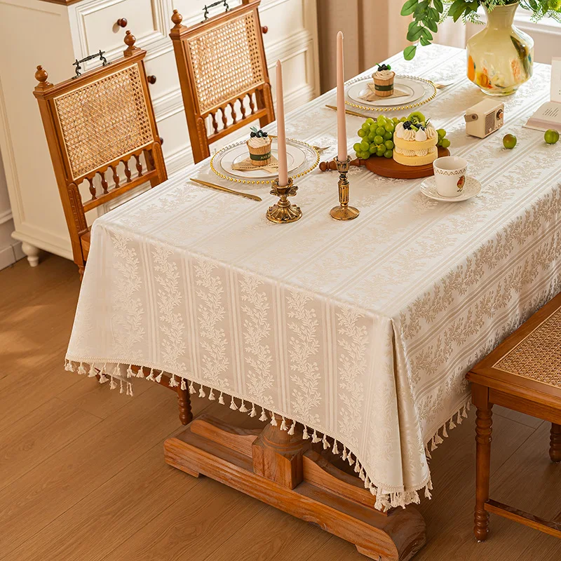 French Country Style Solid Color Tablecloth Beige with Lace Edging Living Room Dining Room Table Decor Cover