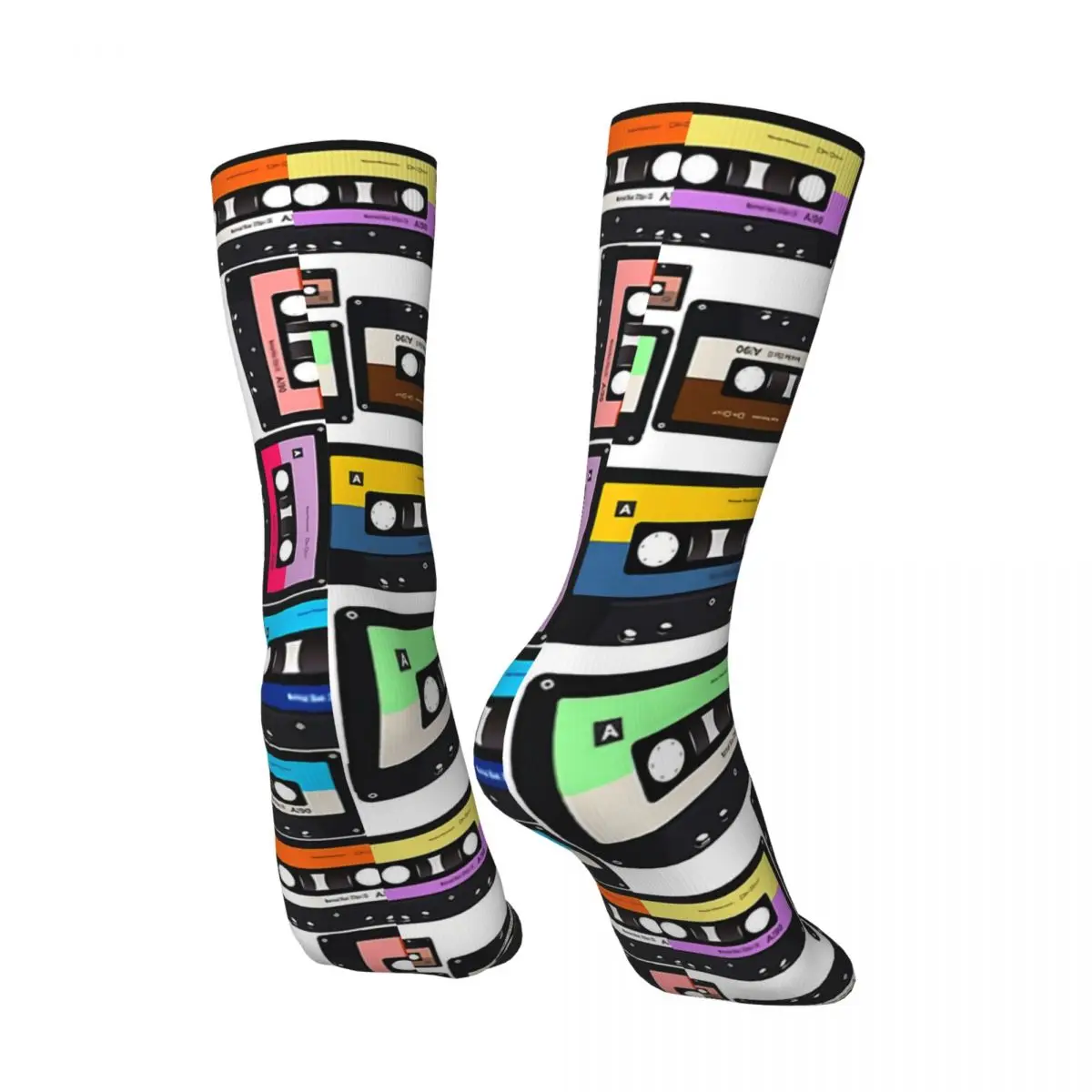 Funny Crazy Sock for Men Cassette Vinyl Record Hip Hop Vintage Happy Pattern Printed Boys Crew Sock Casual Gift