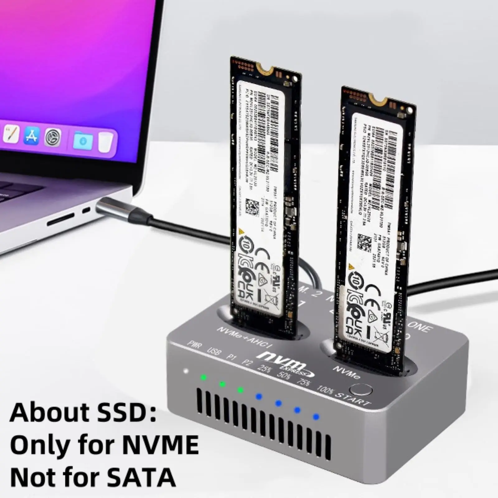 NVMe M.2 Duplicator Dual Bay Clone Docking Station 20Gbps USB 3.2 Type-C Cooling Fan Hard Drive Enclosure for Windows /Linux