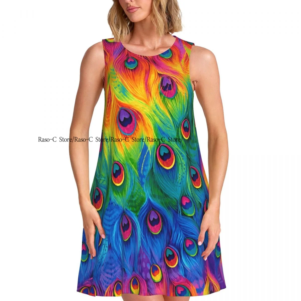 レディースドレスレインボーピーコックサマーカジュアルTシャツビーチカバーアップタンクドレス