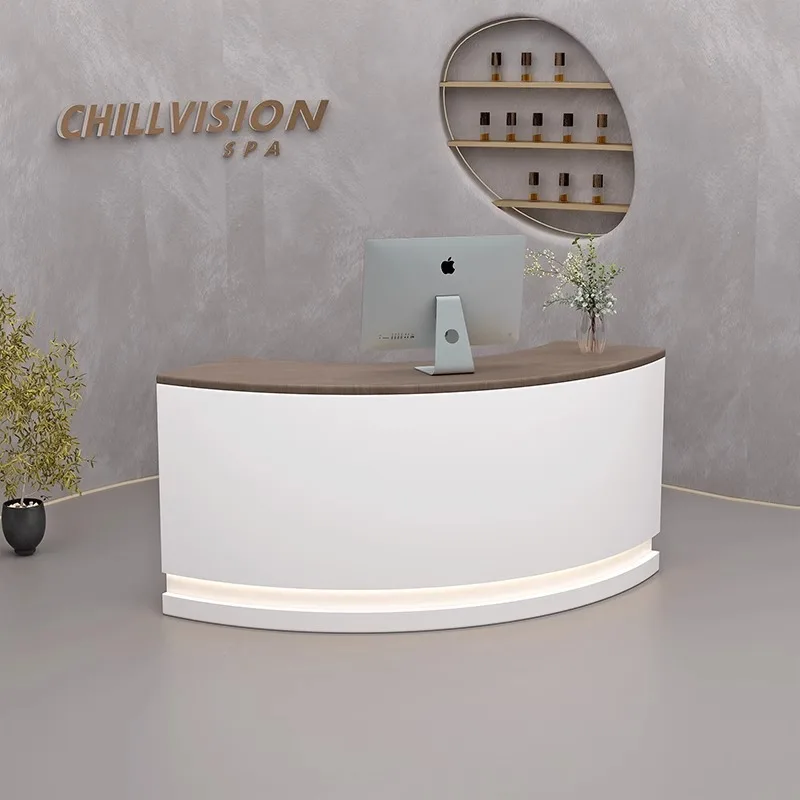 Curved bar checkout page Beauty salon information desk Log color clothing store Curved front desk Reception desk