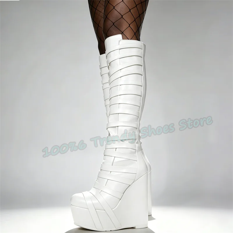

Punk Chunky Bottom Wedges Straps Women Knee High Boots Round Toe High Heel Back Zipper Long Boots Lady Summer Gladiator Shoes