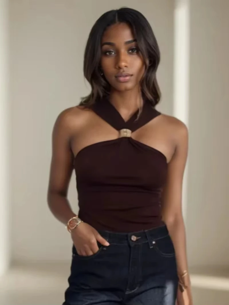 

Summer Women Sleeveless T-shirts New Fashion Women Gold-Inlaid Wide Shoulder Strap Hanging Collar Knitted T-shirt Female Tops