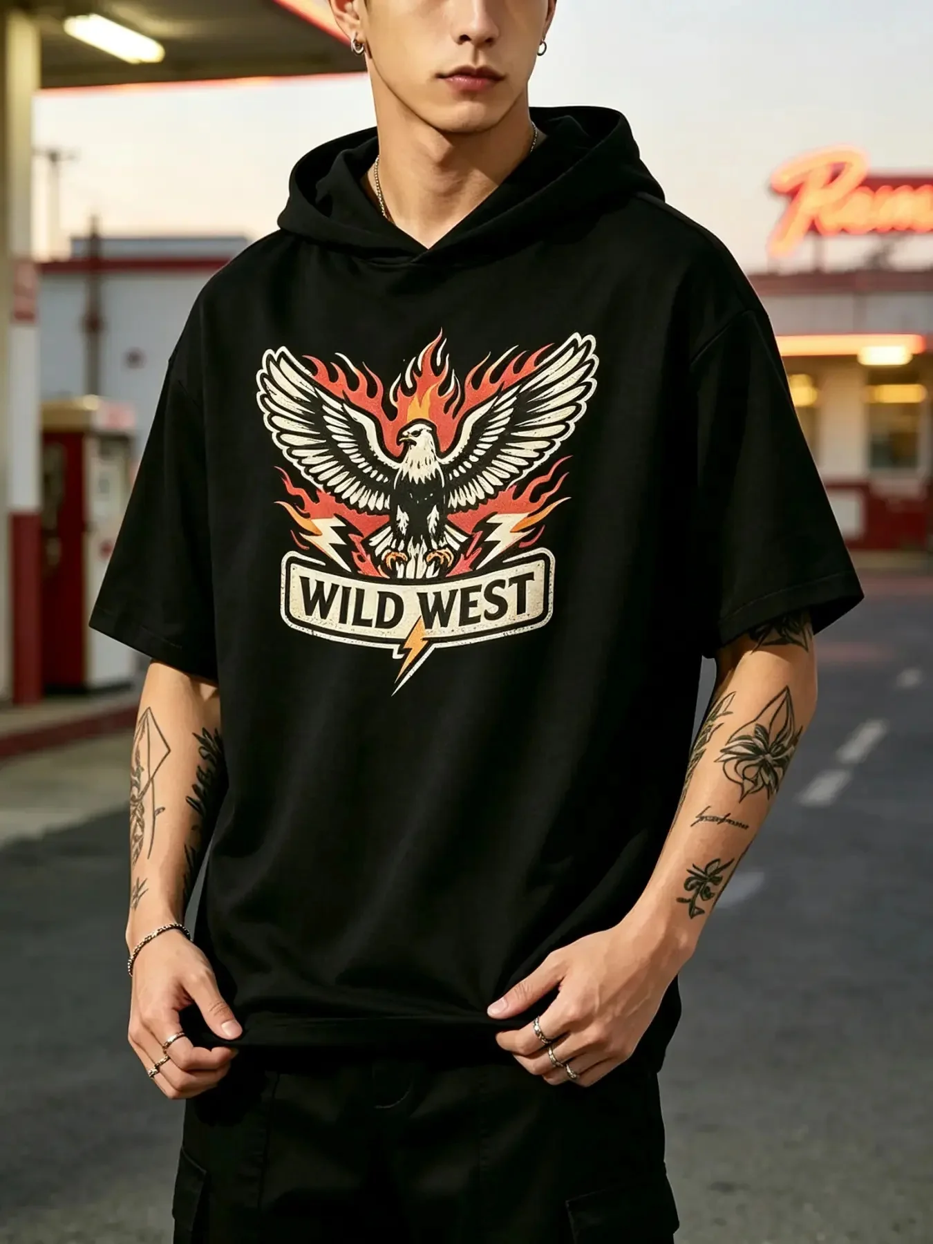Men's Short Sleeve Hooded Tee Vintage Wild West Eagle Flame Lightning Graphic Pullover Hoodie Retro Western Biker Streetwear Casual Shirt