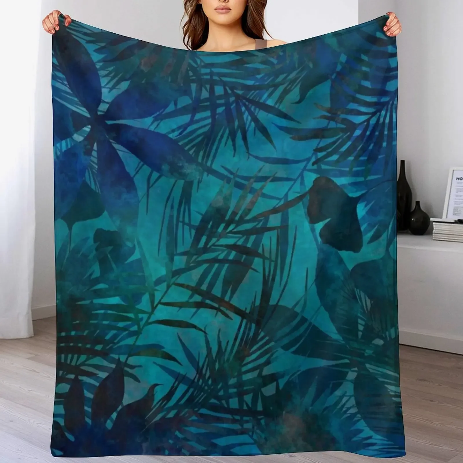 

Teal Blue Watercolor Tropical Jungle Painting Throw Blanket Anti Shedding Soft Fuzzy Blanket for Home