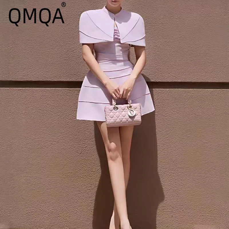 QMQA Fashion Women's Elegant 2 Pcs Set Cloak Slip Pleated A-line Slim Short Dress Evening Party Suit 2026 Spring New QM1143