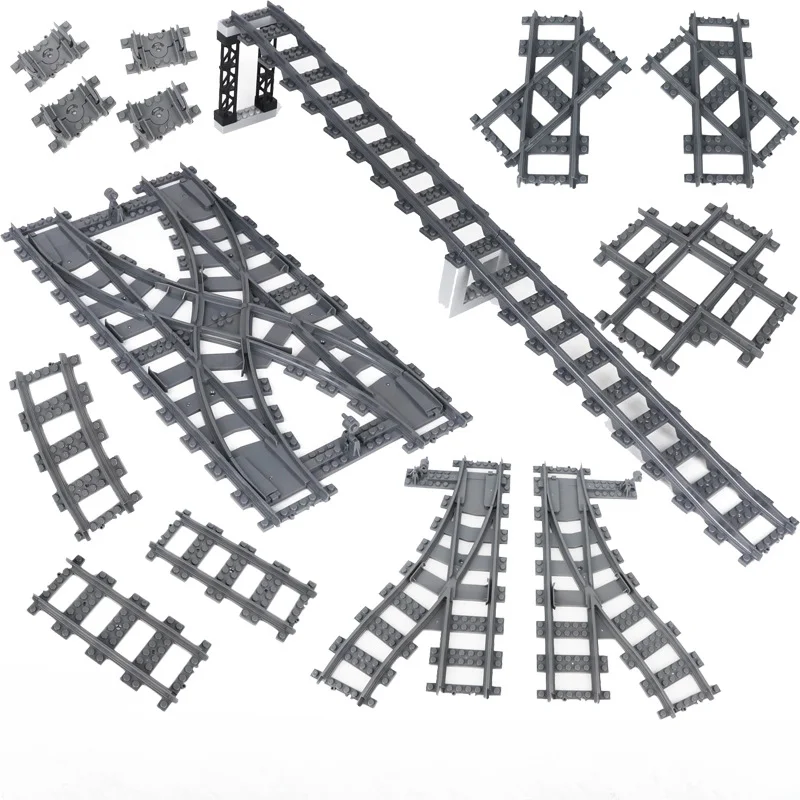 Stadt Züge DIY Bausteine Gerade Gebogene Schiene Ziegel Teile Brücke Tunnel Modell Weiche Flexible Kreuz Gleise Eisenbahn MOC Spielzeug