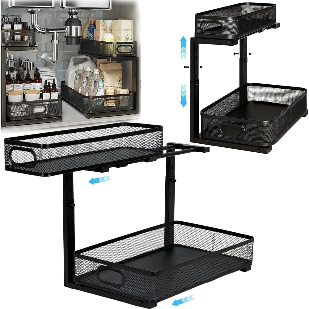 

Dual Layer Height Adjustable Pull Out Mesh Under Sink Organizer 2 Tier Sliding Storage for Kitchen Bathroom