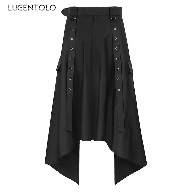 Men Dark Rock Skirt Punk Steam Gothic Party Fashion Solid New Large Size Men\'s Personality Black Rivet Asymmetric Half Skirts