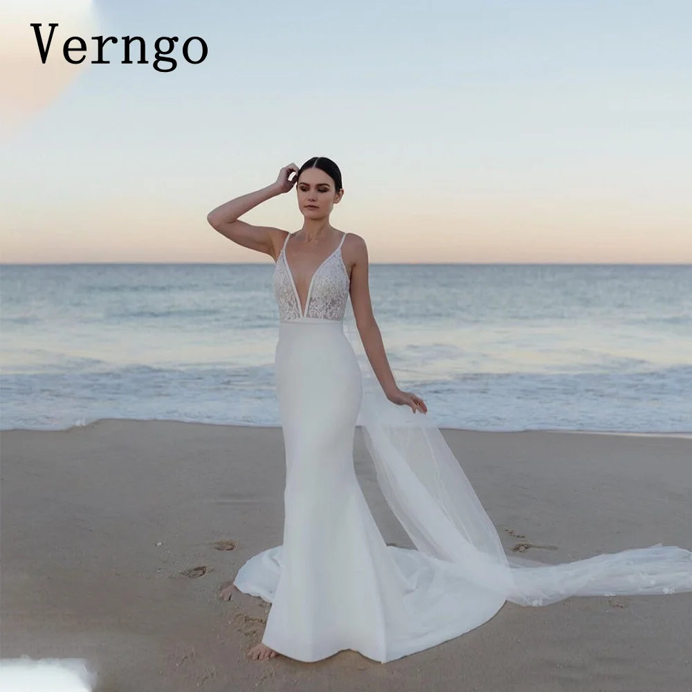 

Verngo Boho Lace Wedding Gust Dress V Neck Mermaid Spaghetti Straps Bridal Dresses V Back Bridal Party Gown Vestidos De Novia