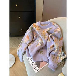 Vintage Floral Sweater Women Print Long Sleeve Knitted Pullovers Winter Aesthetic O Neck Knitwear Korean Casual Chic Jumpers New