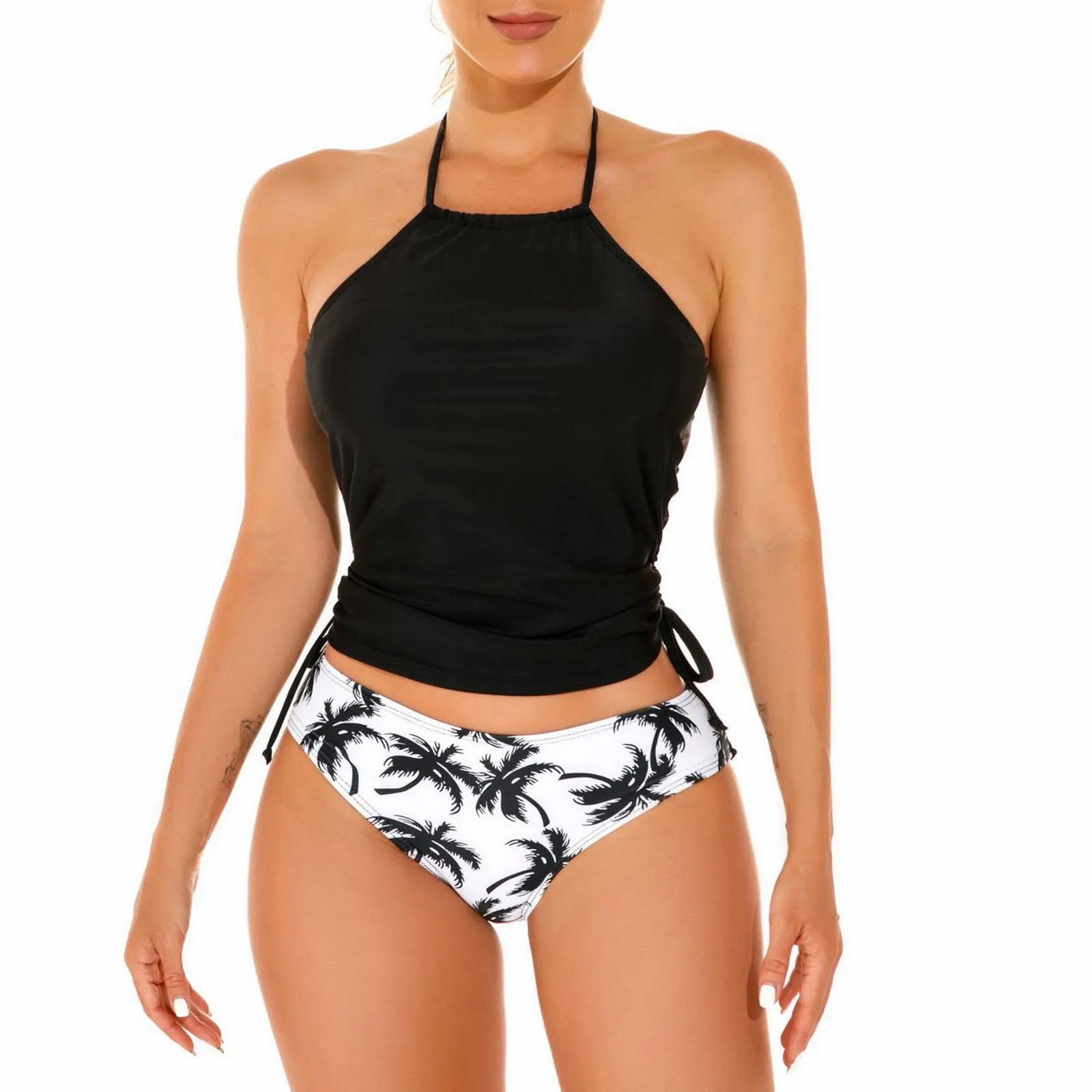 Damski strój kąpielowy Jednokolorowy sznurek z boku Halter Neck Tankini Set Czarny zestaw bikini Dwuczęściowy kostium kąpielowy Kostiumy kąpielowe