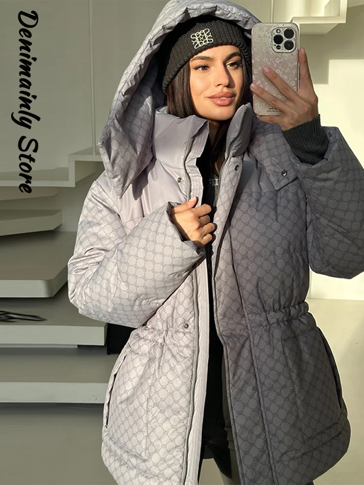 

Fashion Printed Zipper Hooded Cotton Jacket Women Stand Collar Full Sleeve Loose Street Warm Coats 2025 Winter Lady Outwear New