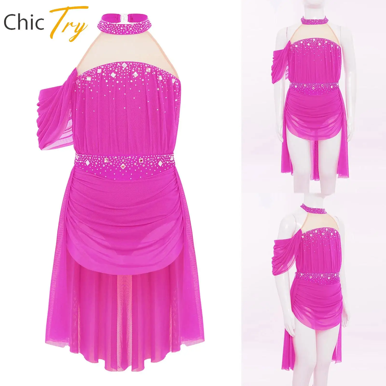 

Kids Girl Modern Lyrical Dance Costume Halter Backless Cutout Back Rhinestones Ruched Mesh Drape Dress Performance Training Wear