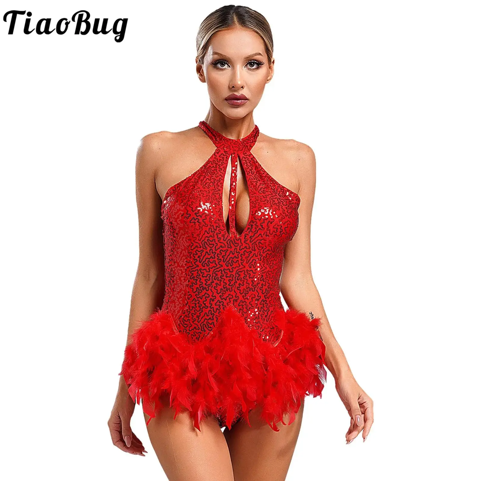 

Women Halter Tutu Leotards Dresses for Latin Jazz Tango Salsa Dance Wear Backless Shiny Sequins Bodysuit Skirted Performance