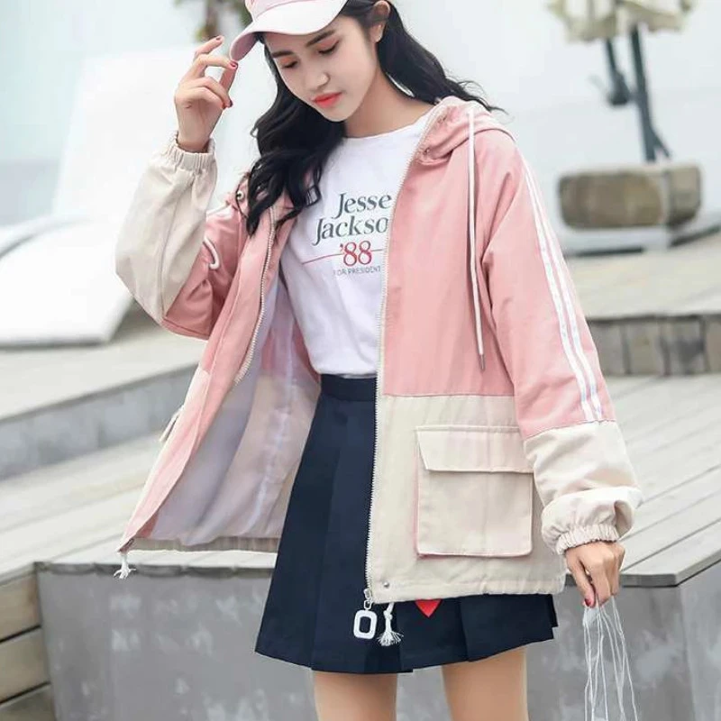 Casaco básico feminino retalhos à prova de vento simples moda zíper harajuku solto bf coreano outwear casacos primavera nova jaquetas femininas