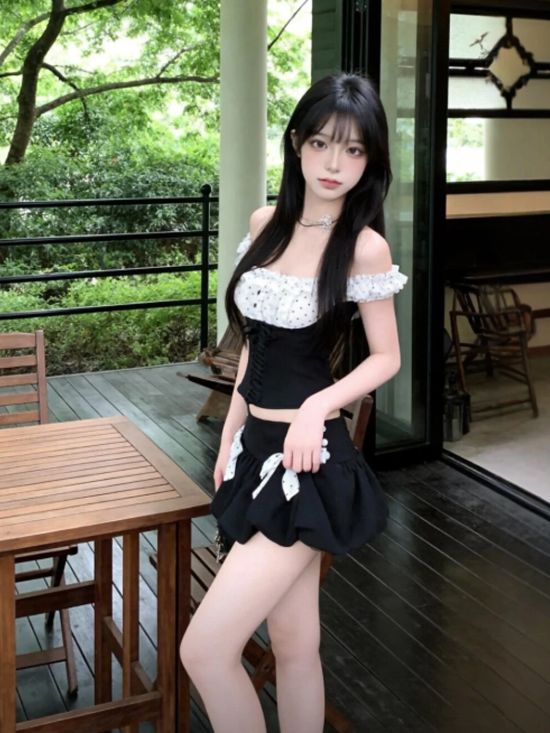 

Korean Style Unique One-Shoulder Ruffle Skirt Two-Piece Set Summer Fashion Casual Comfortable Cotton High Waist Short Skirt