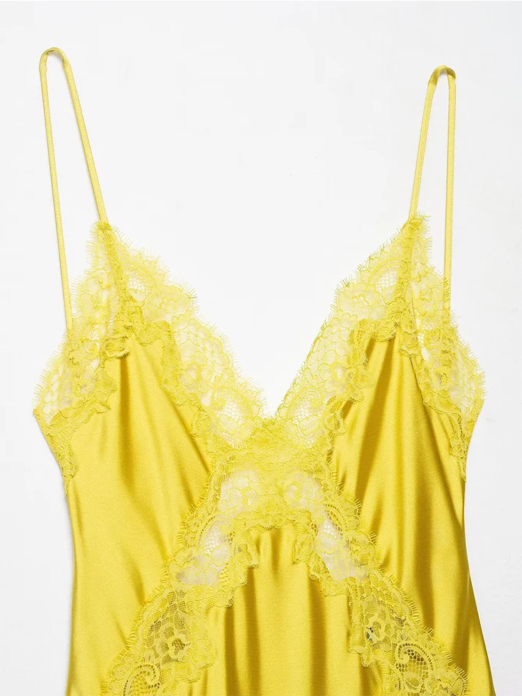 レディースドレス レース サテン スリップドレス 夏 2025 セクシー イブニングパーティードレス レディース ミディ丈 イエロー ノースリーブ バックレス ベスティドス