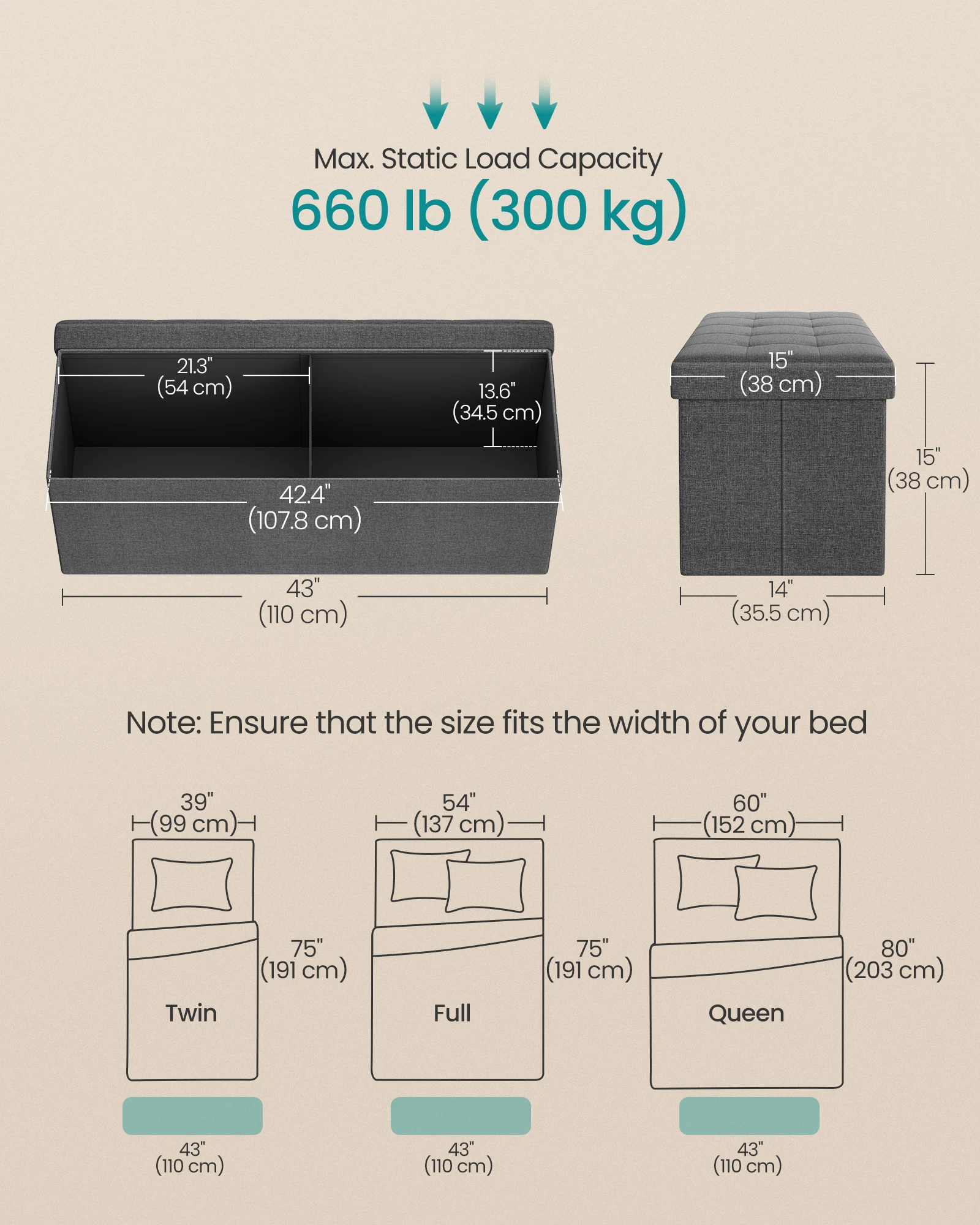 SONGMICS Mazie Collection - 43 Inches Folding Storage Ottoman Bench, Ottoman Foot Rest, End of Bed Bench, Storage Chest image 6