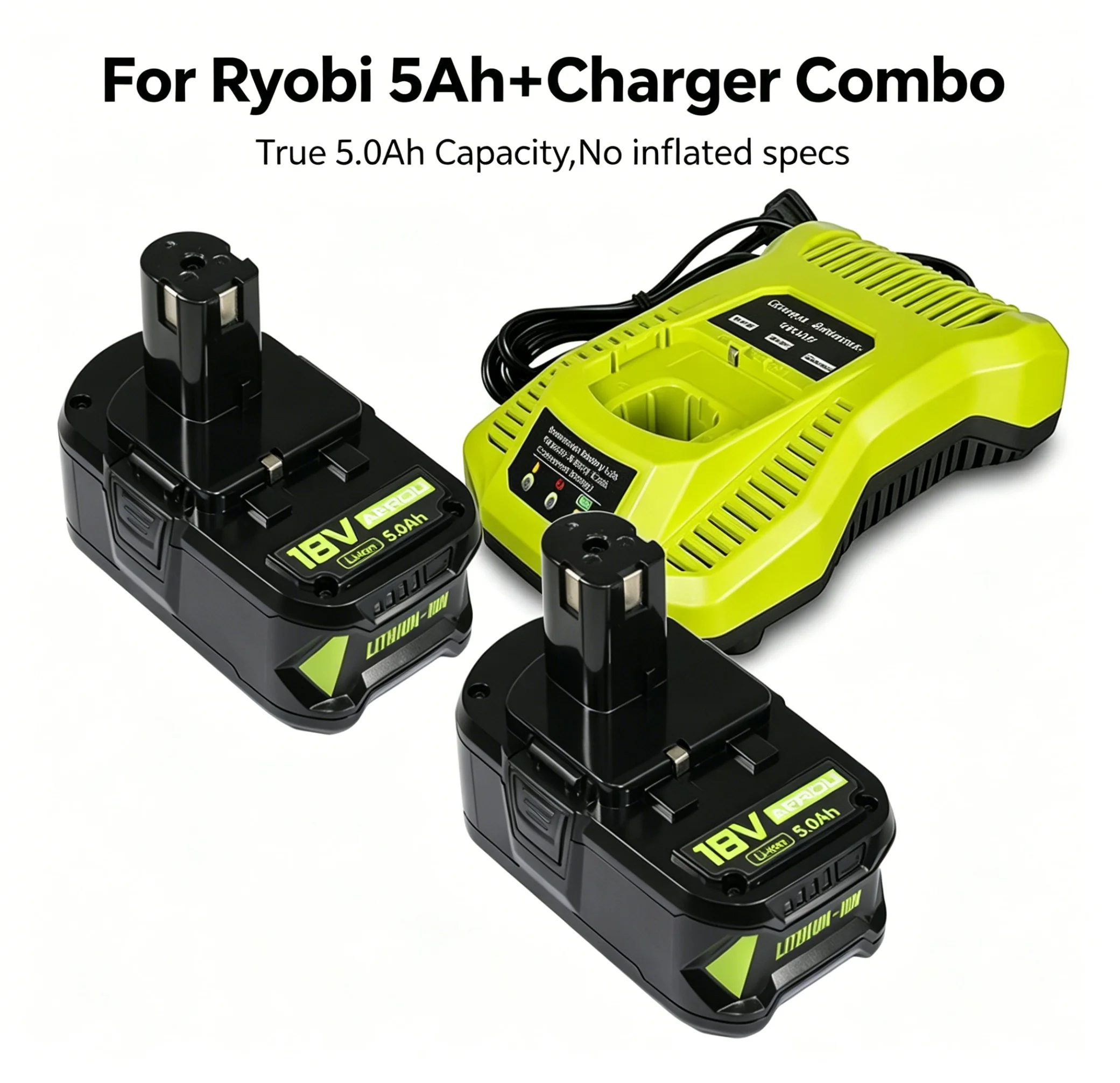 AERDU True 5.0Ah High Capacity Lithium-Ion Battery 2-Pack And Charger Kit for Ryobi 18V ONE+ P108 P117