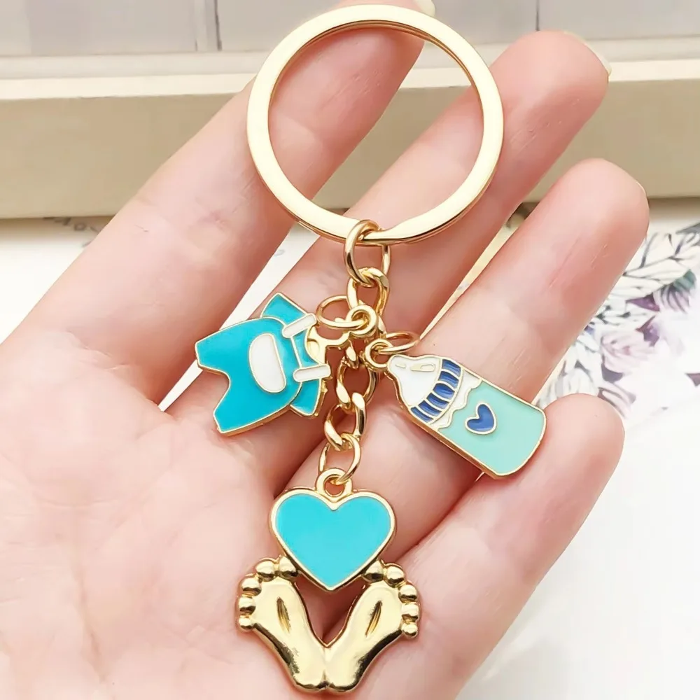 1 Pair Metal Alloy Baby Bottle Keychain Drip Oil Small Size Nursing Bottle Pendant Cartoon Key Ring Loop Baby Feet Keyring