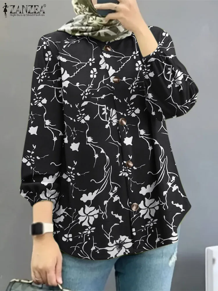 ZANZEA Women Vintage Muslim Blouse Autumn Long Sleeve Floral Printed Shirt Casual Marocain Eid Mubarek Tops Spring Party Blusas