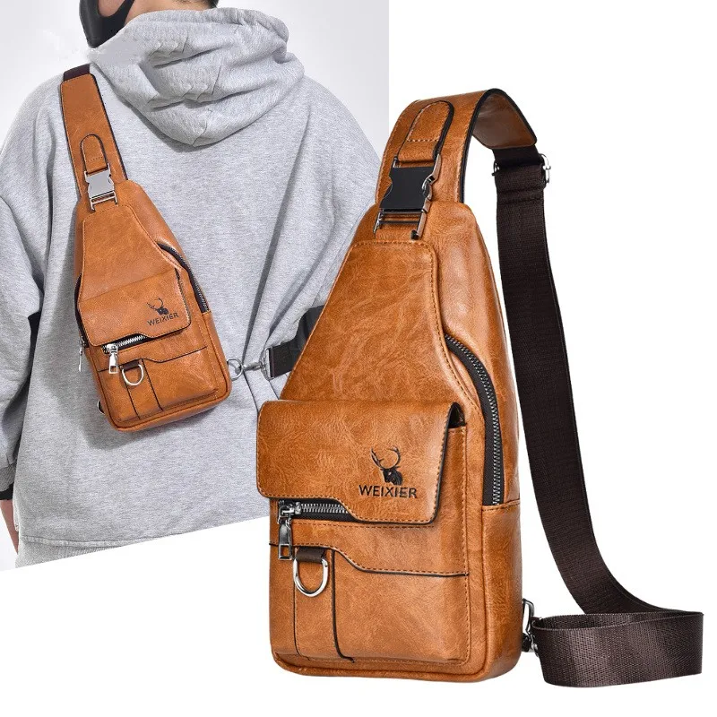 Men Chest Bag PU Leather Belt Sling Chest Pack Crossbody Bags Male Business Messenger Shoulder Bag Couple Chest Bag Gift for Men