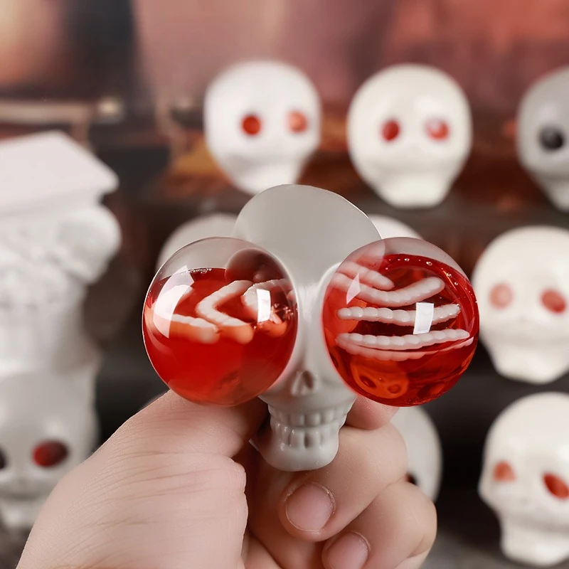 Halloween Stress Balls Squeeze Skull Toys Fidget Decompression Toys Squeeze Skulls with Blood and Maggots Halloween Prank Toys