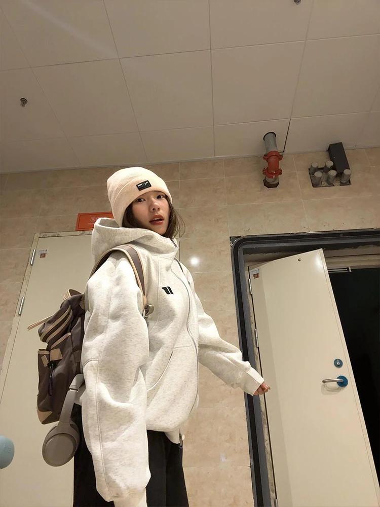 アメリカンレトロハイカラーフード付きジッパースウェットシャツ女性の春秋の新しいカジュアルカップルハイエンドオープンカーディガンジャケット