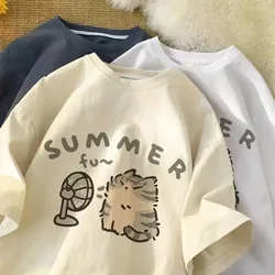 Summer Relaxed Short Sleeve Couple Wear INS Top American Street Creative Blow Fan Cat Pure Cotton T-shirt for Men and Women