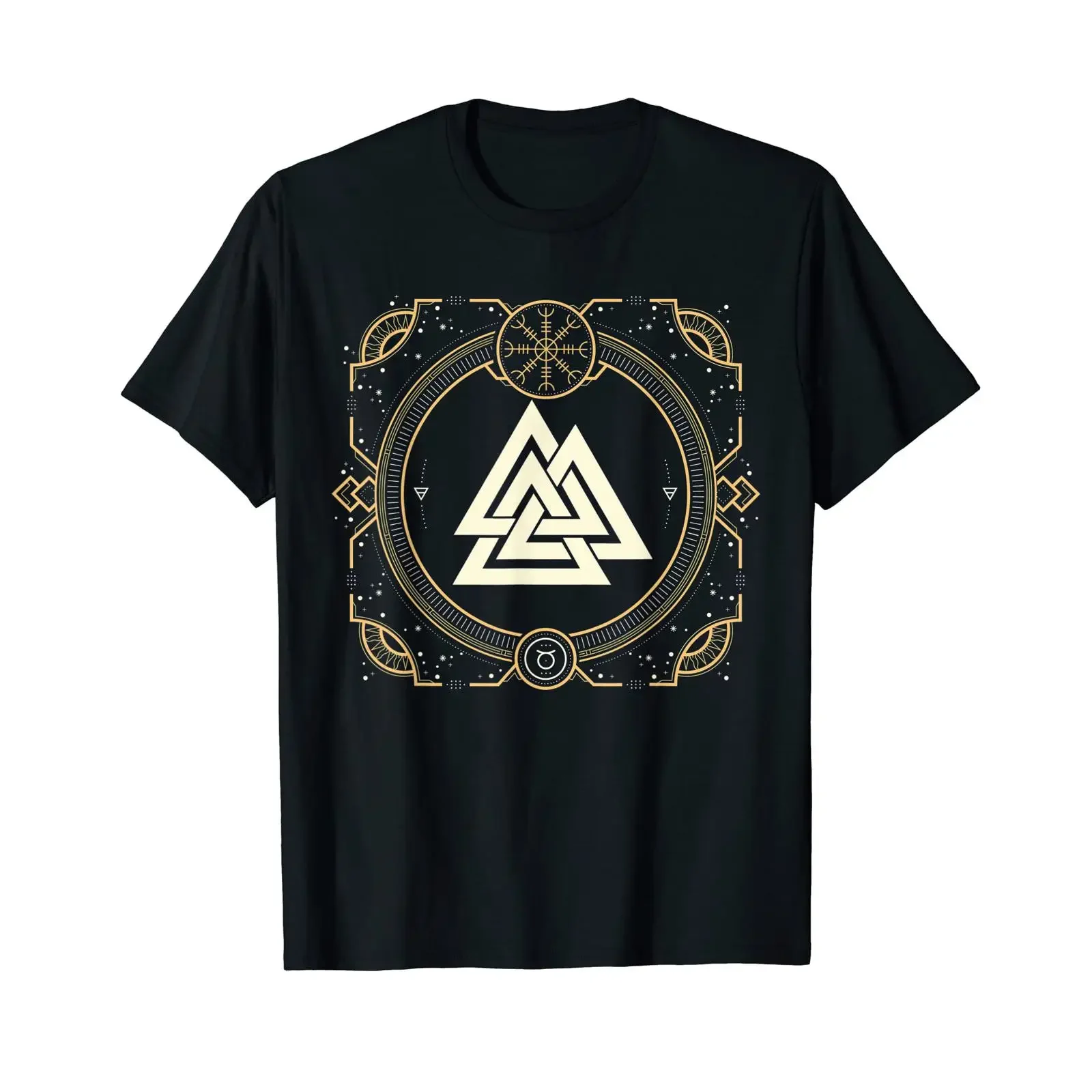 T-shirt vintage lavé style streetwear avec motif graphique Magique Viking Valknut Aegishjalmur Le Casque de la Terreur, extensible et respirant