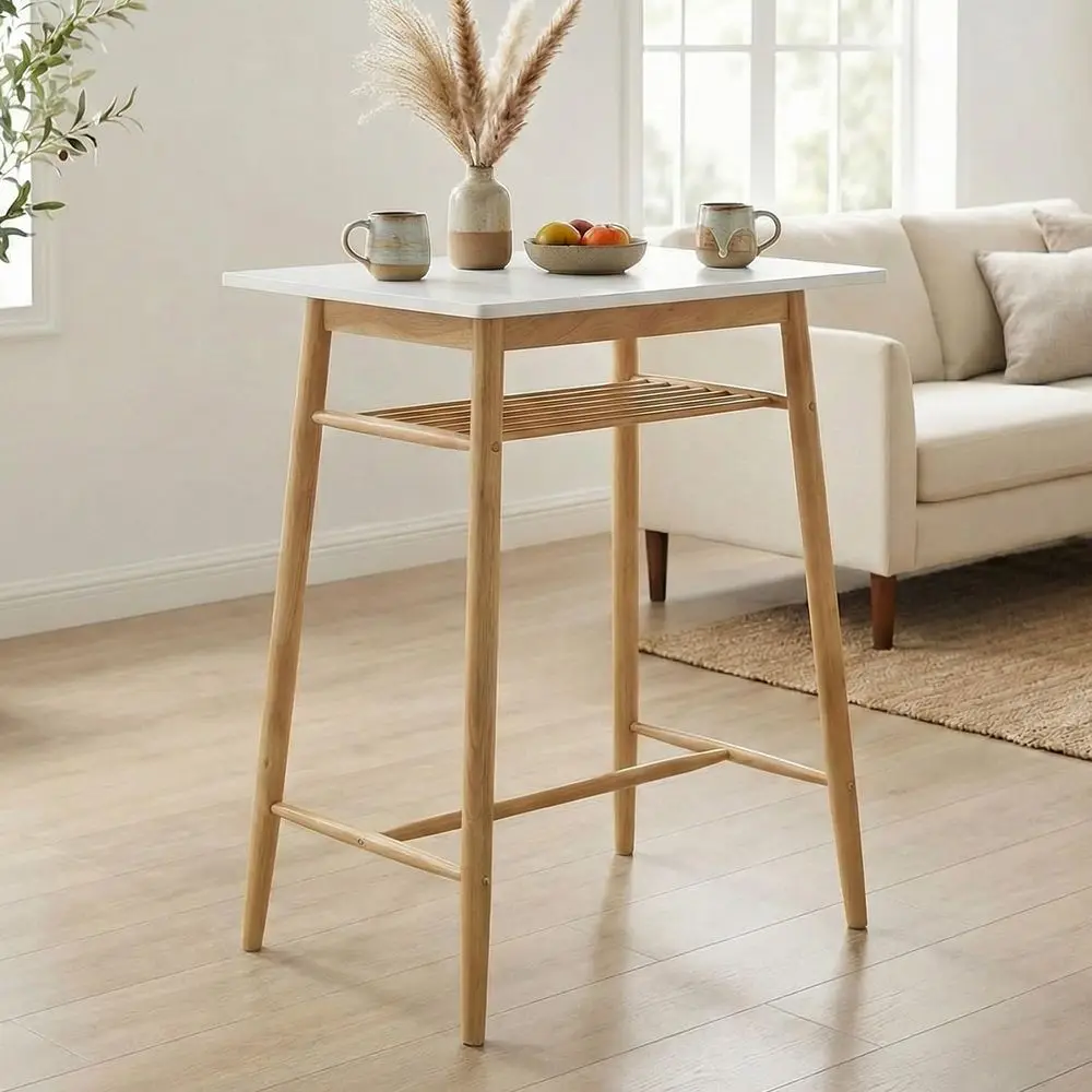 

Space-Saving White Wooden Bar Table with Natural Legs for Small Parties, Kitchen, and Dining Rooms