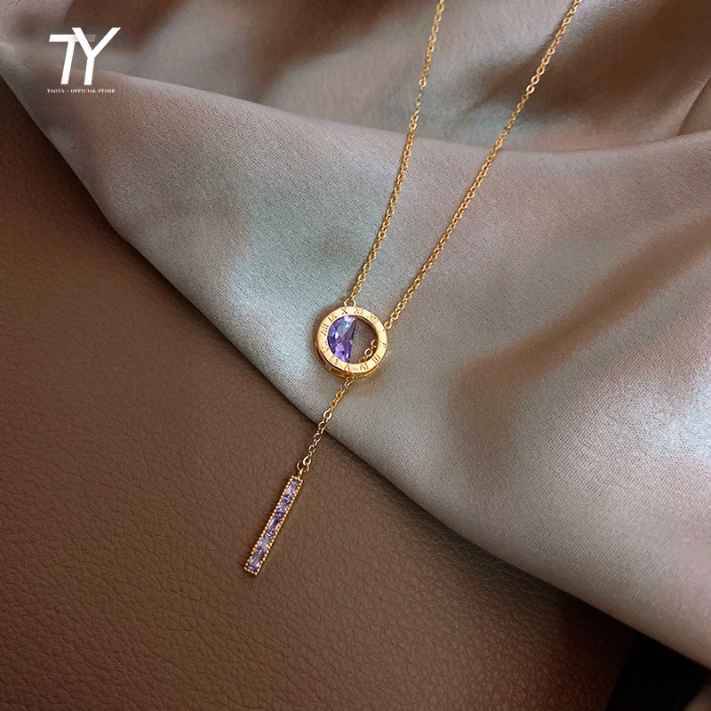 Luxury Roman Digital Titanium Steel Colorless Necklace For Woman Fashion Korean Jewelry Christmas Sexy Purple Crystal Neckchain