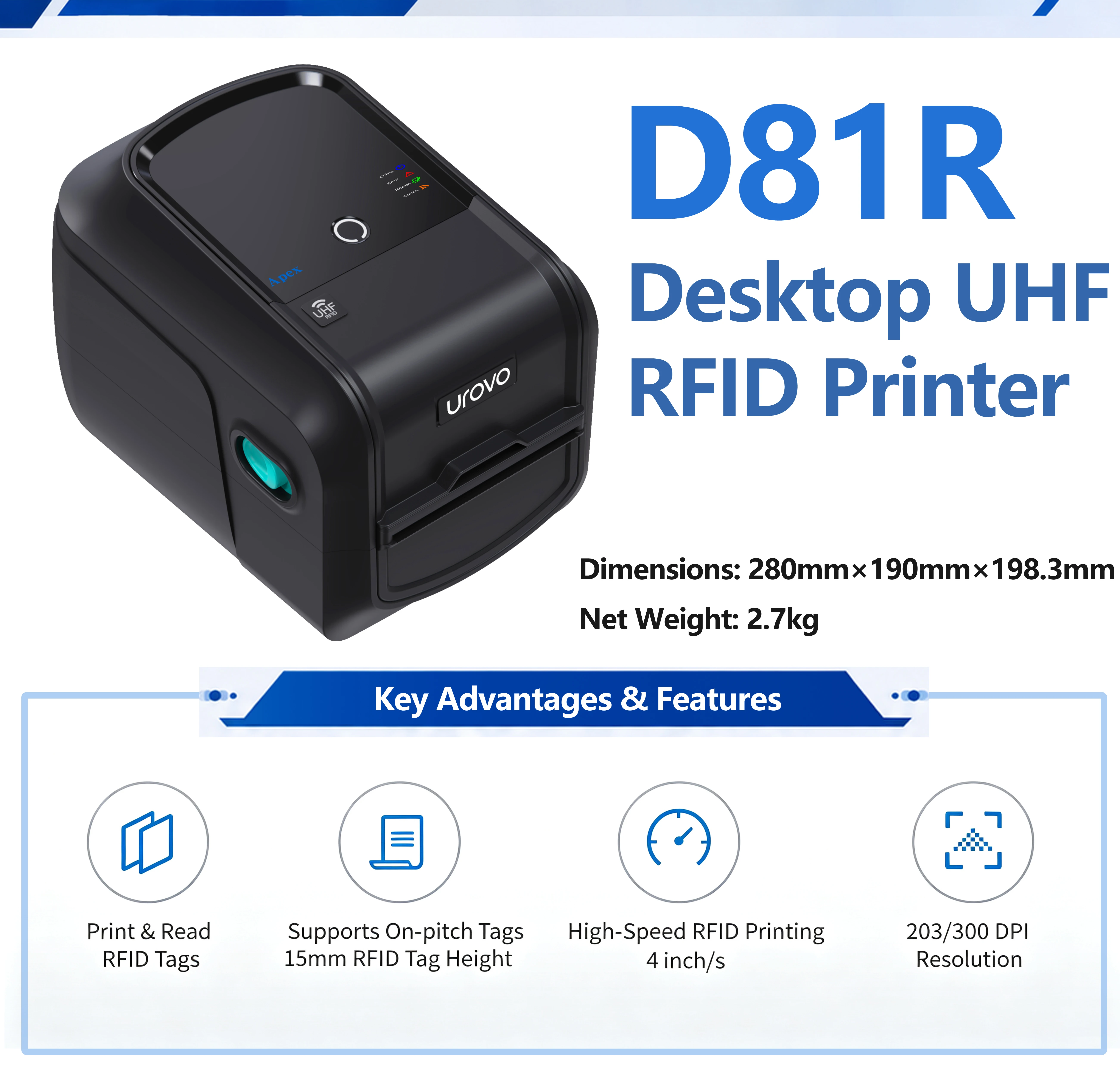 UROVO D81R UHF RFID Desktop Printer 4inch/s High Speed RFID Encoder Barcode Label Printer