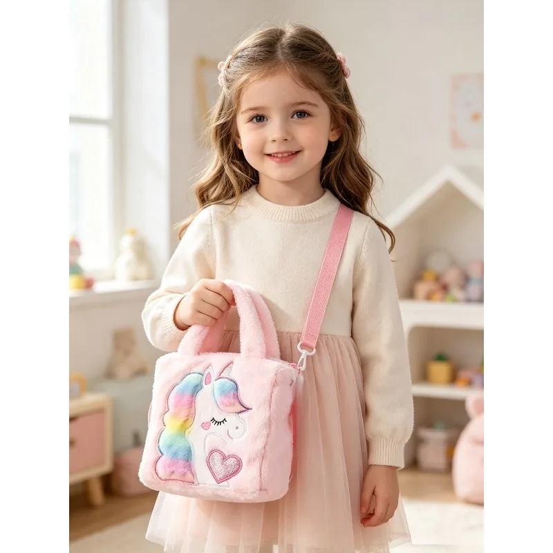 Kids Cute Unicorn Plush Bag Cartoon Embroidery Soft Fluffy Single Shoulder Crossbody Handbag For Girls Daily Gift