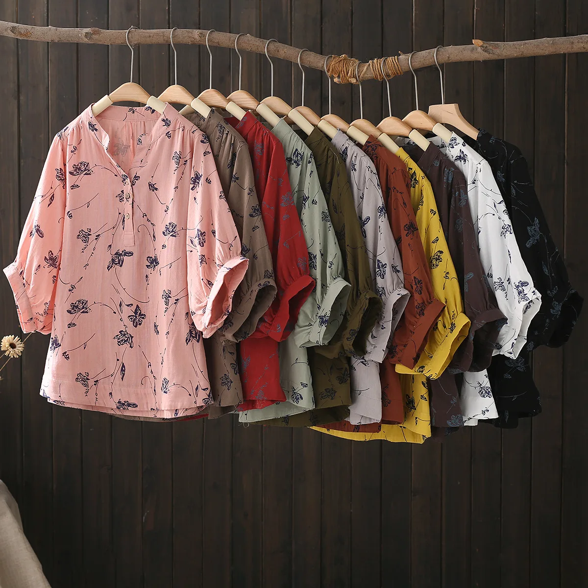 

Middle-aged women's clothes 100% cotton yarn pink yellow red coffee printed shirts bat sleeve blouses for women summer tops